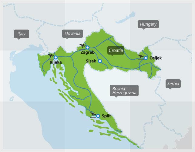 Map with main train connections in Croatia