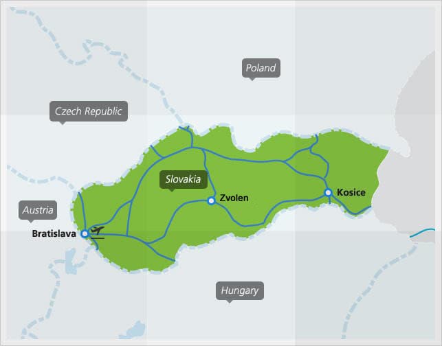 Map with main train connections in Slovakia